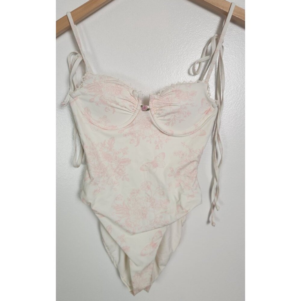 Note To Self You Are My First Love Women's Sz. XS/S Ivory & Pink Floral Swimsuit